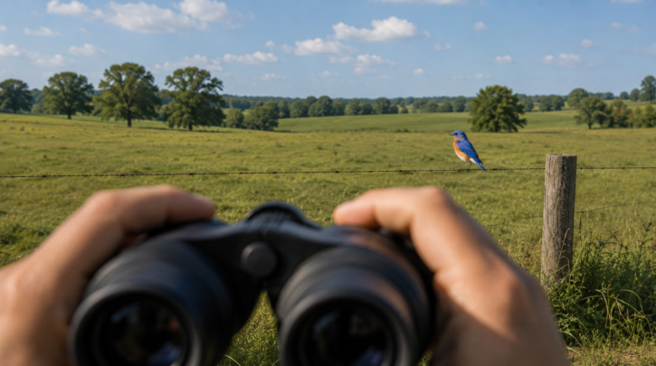 Illustration of binoculars used to spot a bluebird on a distant fence line