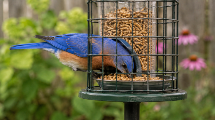 Illustration of a bluebird accessing a starling-proof caged mealworm feeder