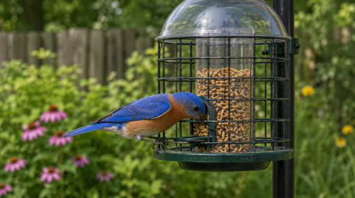 Illustration of a bluebird using a caged mealworm feeder with viewing dome