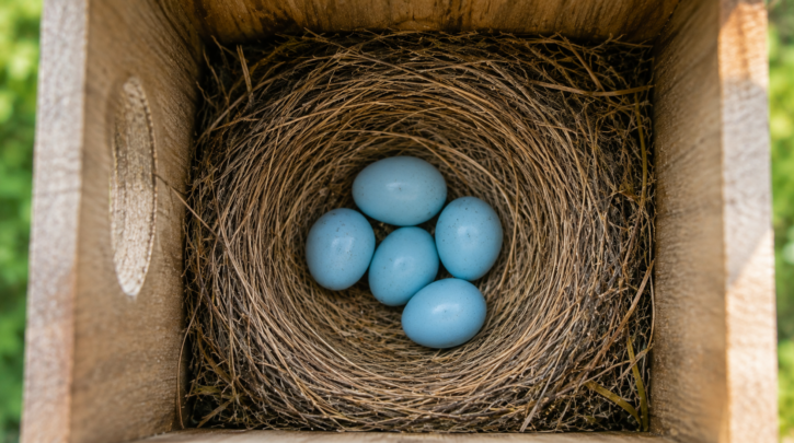 Illustration of pale blue bluebird eggs in a grass nest cup