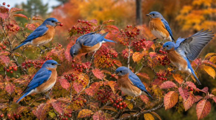 Illustration of a fall flock of bluebirds feeding on native berries