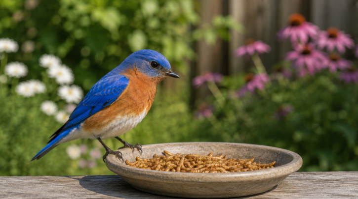 Illustration of a bluebird feeding on mealworms from a dish