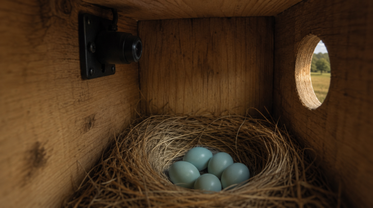 Illustration of an infrared camera monitoring inside a bluebird nest box