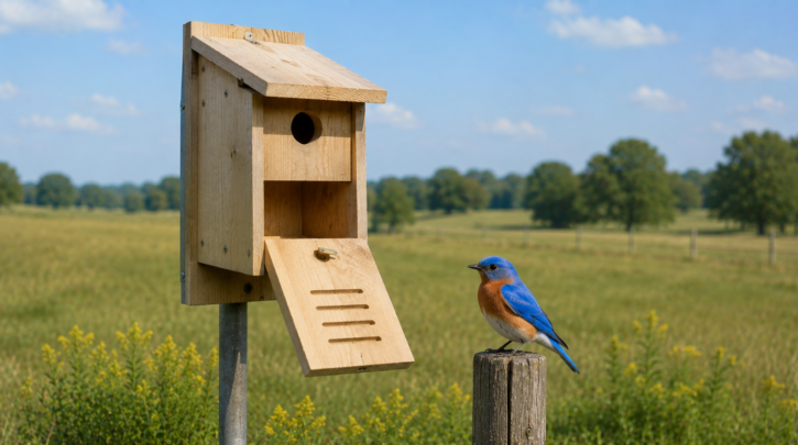 Illustration of a well-designed bluebird nest box