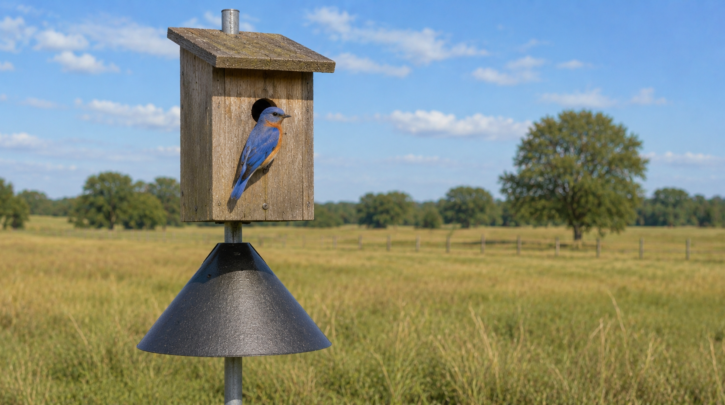 Illustration of a properly mounted bluebird nest box with a predator baffle