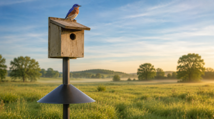 Illustration of a bluebird nest box protected by a predator baffle