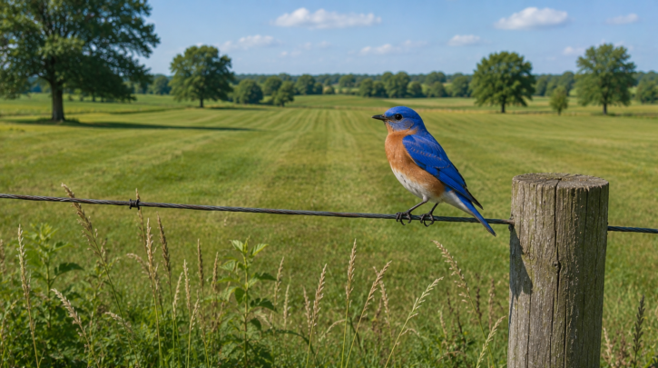 Illustration of a bluebird in its open-country habitat with fence-line perches