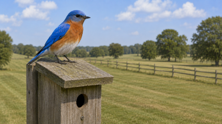 Illustration of a bluebird at a nest box in open habitat
