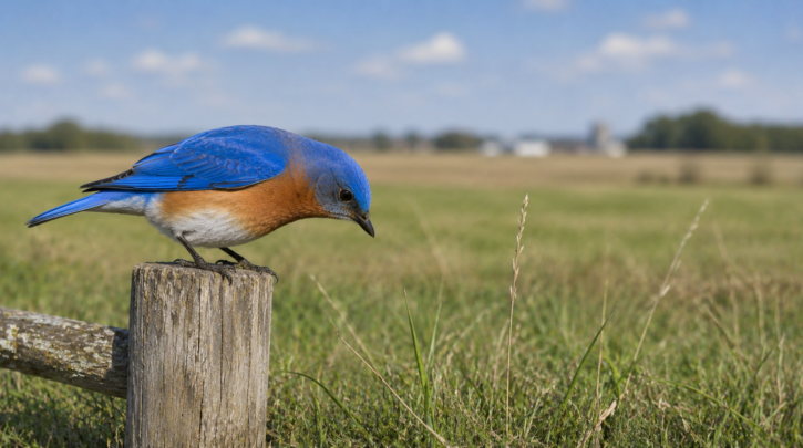 Illustration of a bluebird perch-and-pounce hunting over open grass