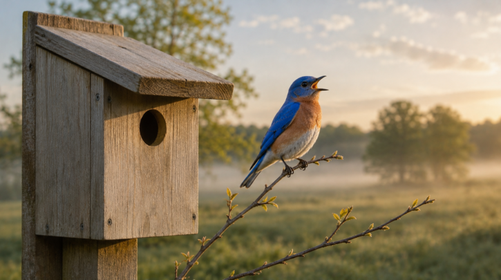 Illustration of a male bluebird singing near its nest box