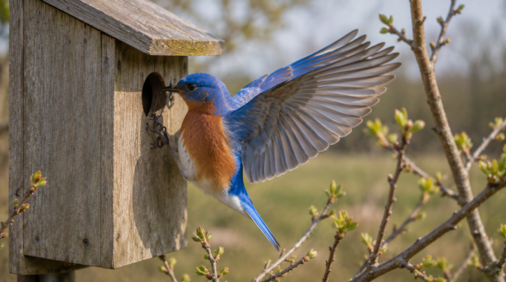 Illustration of a bluebird pair scouting a nest box in spring