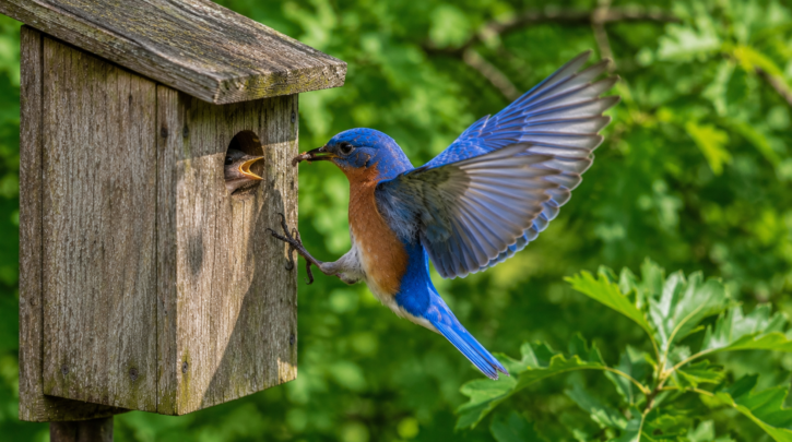Illustration of a bluebird feeding chicks at a nest box in summer