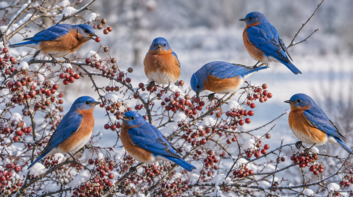 Illustration of a winter flock of bluebirds feeding on berries