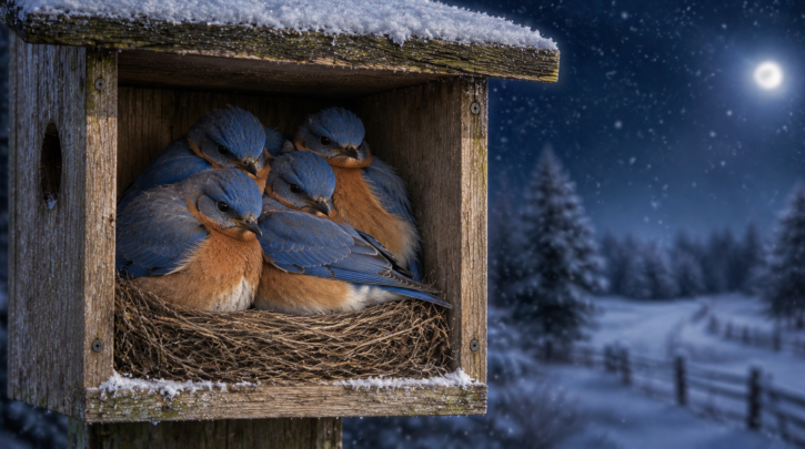 Illustration of bluebirds communally roosting together in a nest box for winter warmth