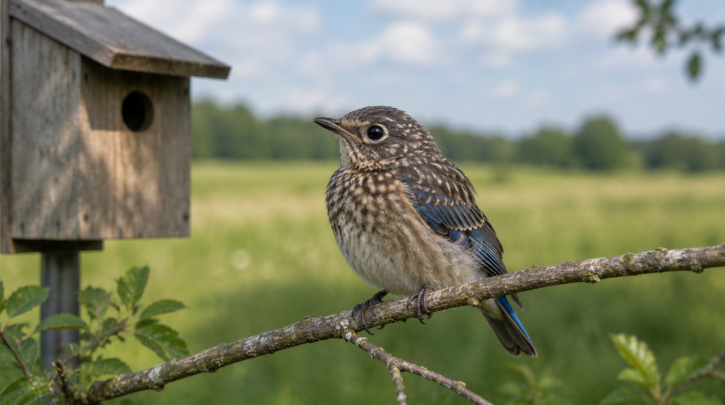 Illustration of a fledgling bluebird with its spotted juvenile plumage