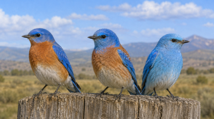 Illustration comparing Eastern, Western, and Mountain Bluebird males